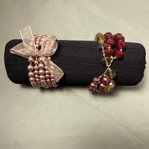 Set of 2 Beaded Bracelets Pink and Red & yellow Gold